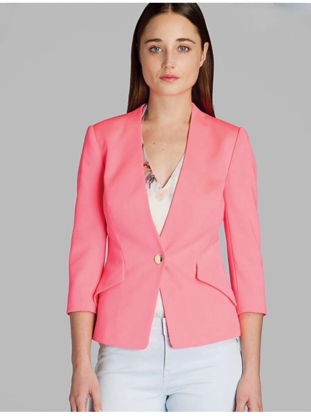 Ted Baker Alisya Curved Hem Tailored Hot Pink Blazer Jacket Sz 1 / Small Preppy